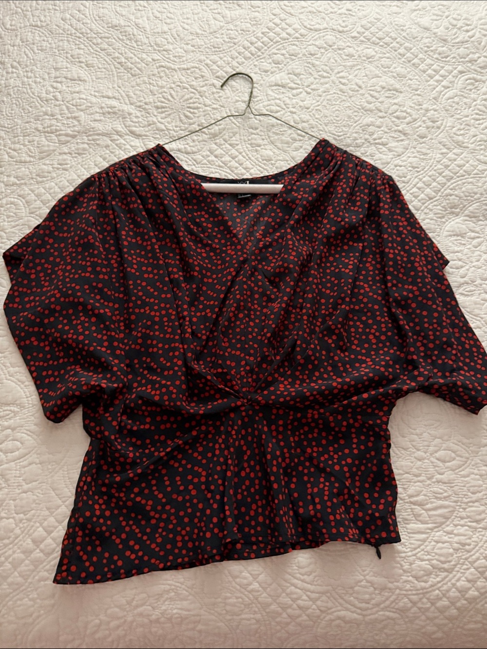 Navy blue Blouse with Red Dot Print - twisted front with Gathered Waist V-Neck